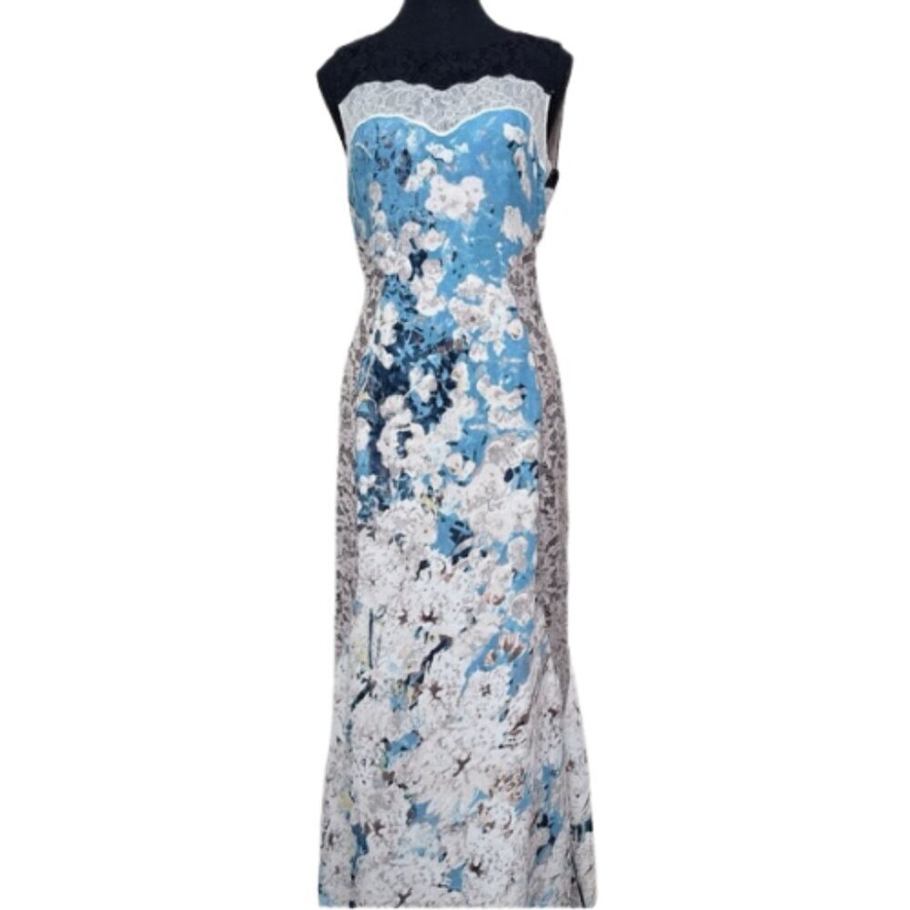 Bcbgmaxazria Womens 6 Tahiti Blue Combo Provence Sleeveless Open-Back Gown Maxi